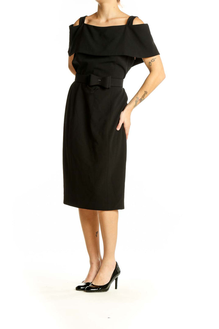 Front view of Nanette Nanette Lepore black off-shoulder belted midi dress