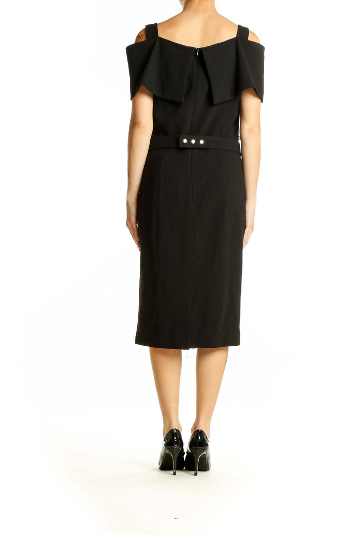 Side view of Nanette Nanette Lepore black off-shoulder belted midi dress