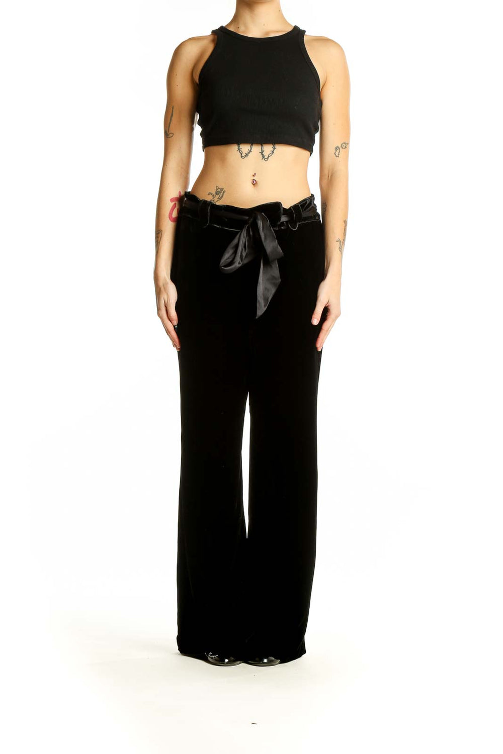 Front view of Ann Taylor black wide-leg pants with satin waist tie