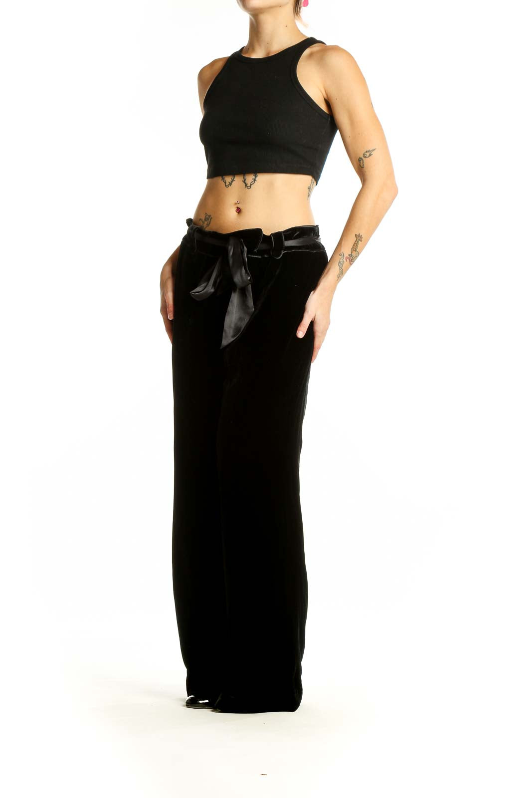 Front view of Ann Taylor black wide-leg pants with satin waist tie