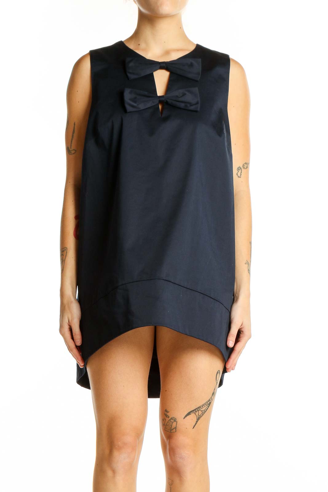 Front view of Ted Baker London navy mini dress with bow detail