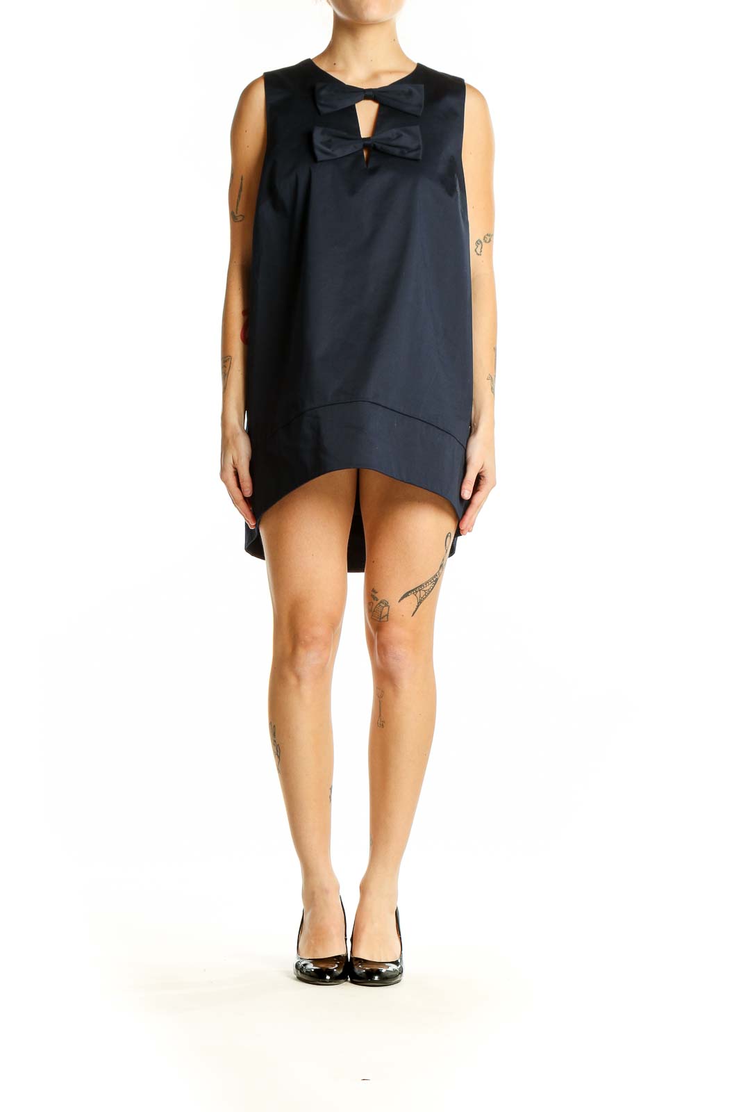 Front view of Ted Baker London navy mini dress with bow detail