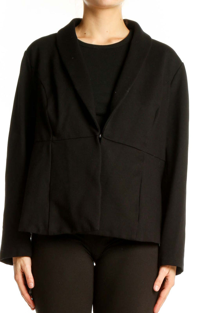 Front view of Studio by TORRID black cropped blazer with single button closure