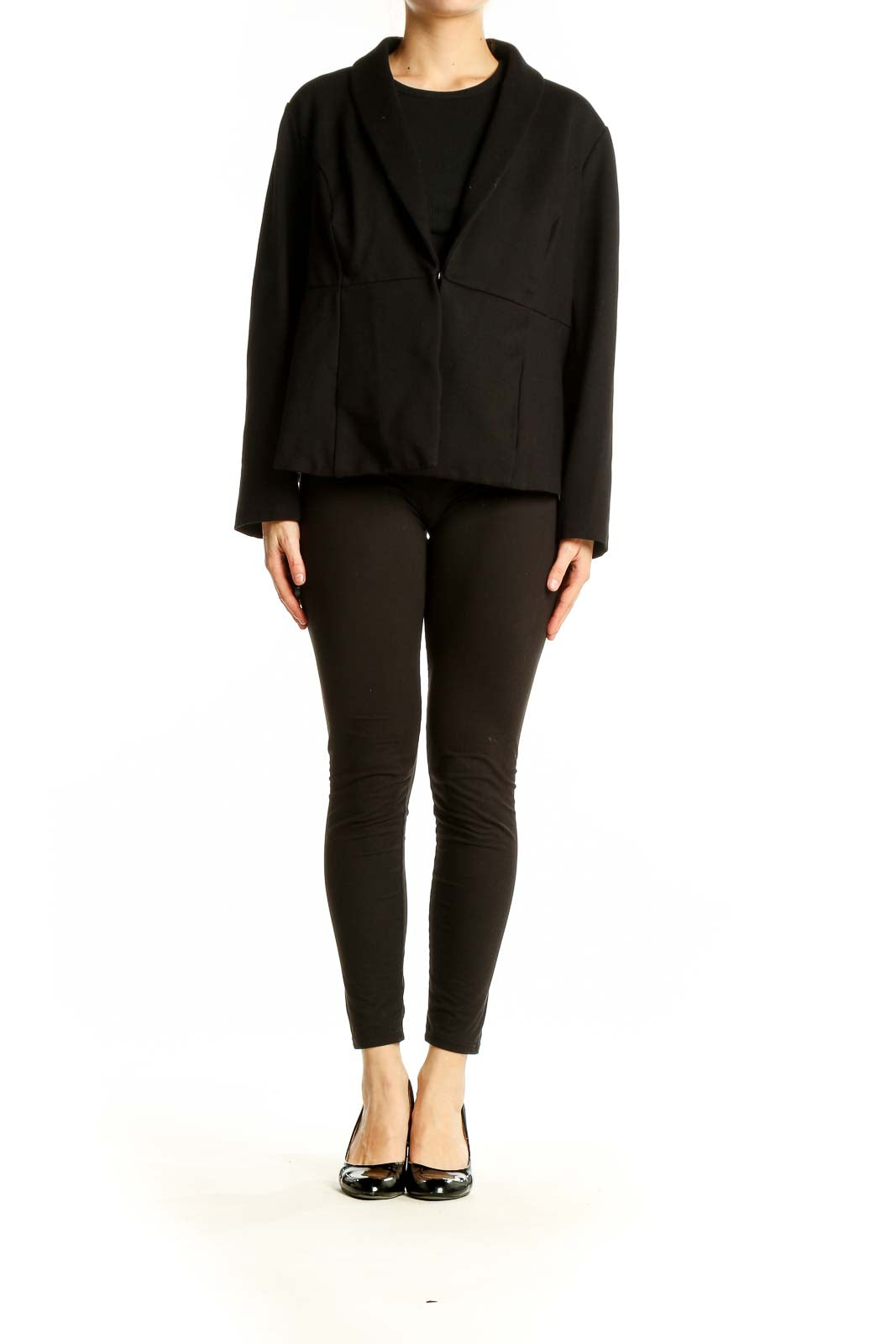 Front view of Studio by TORRID black cropped blazer with single button closure