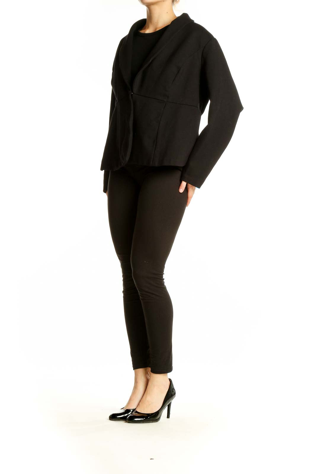 Front view of Studio by TORRID black cropped blazer with single button closure