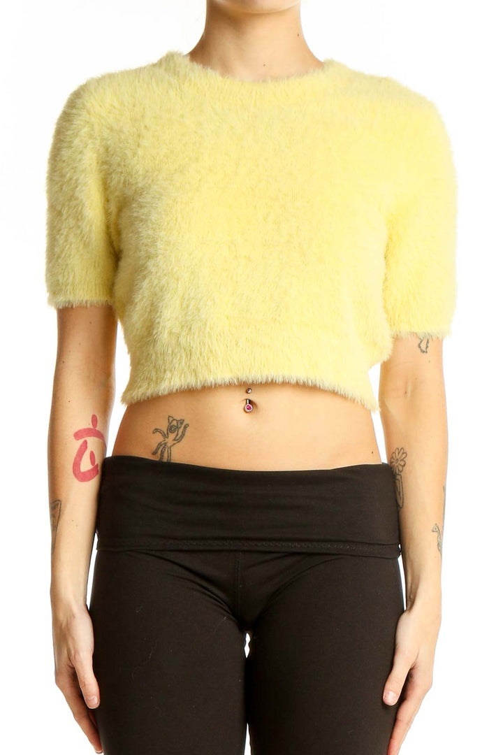 Front view of MAJORELLE yellow fuzzy cropped knit top