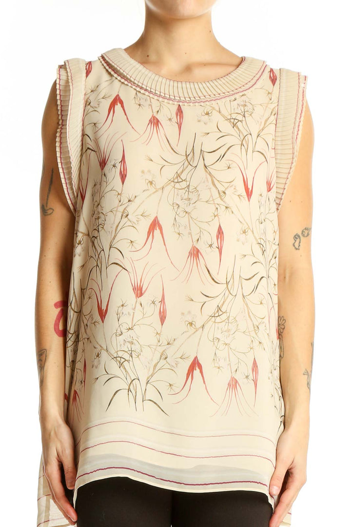 Front view of Max Studio beige sleeveless blouse with floral print