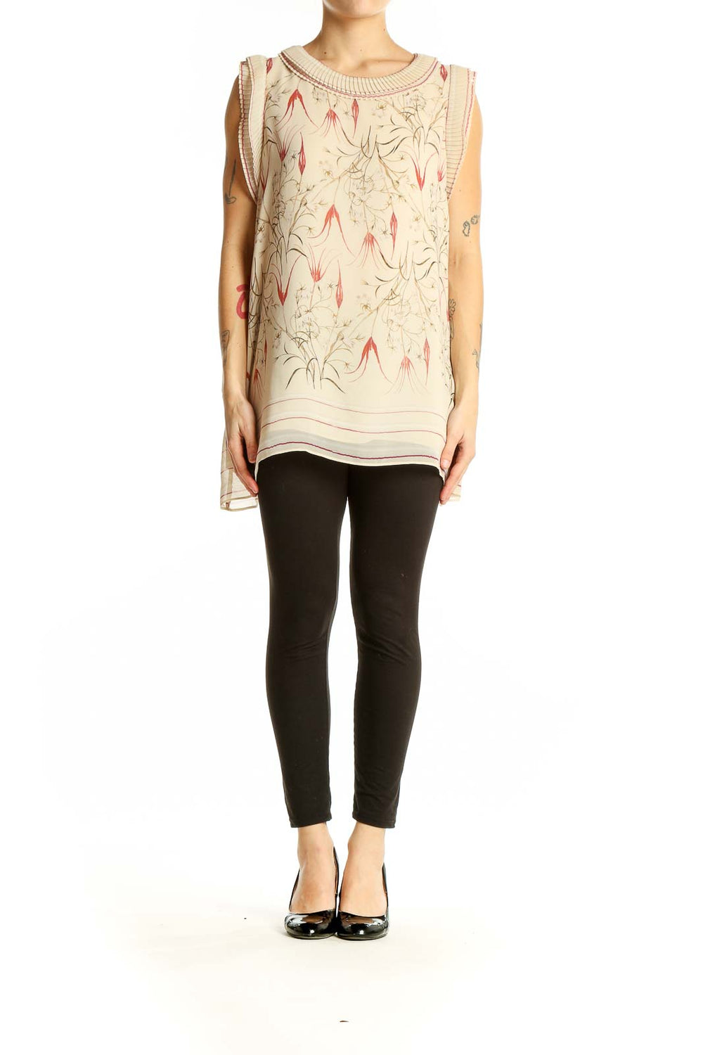 Front view of Max Studio beige sleeveless blouse with floral print