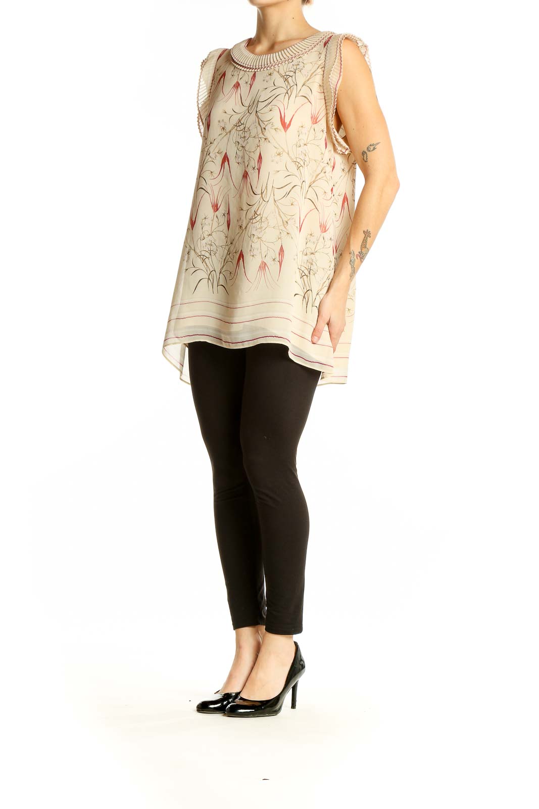 Front view of Max Studio beige sleeveless blouse with floral print