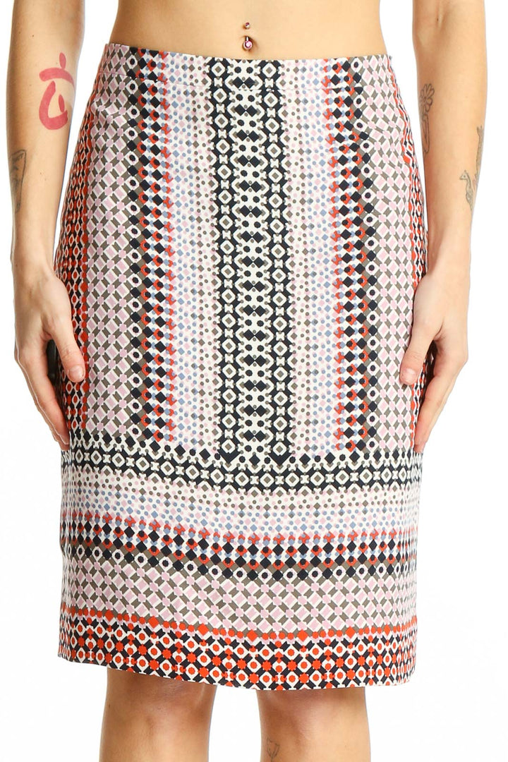 Front view of J.Crew multicolor geometric print pencil skirt