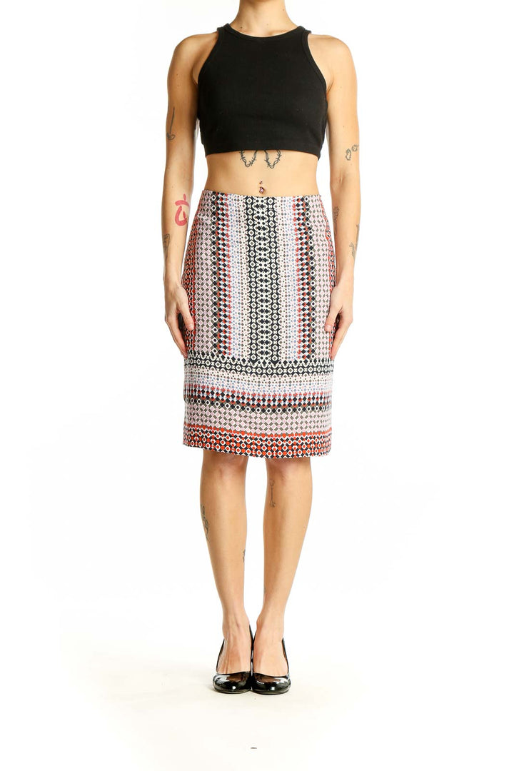 Front view of J.Crew multicolor geometric print pencil skirt