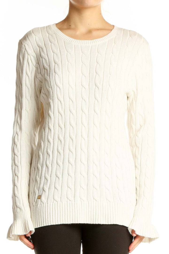 Front view of Lauren Ralph Lauren white cable knit cotton sweater with crew neck