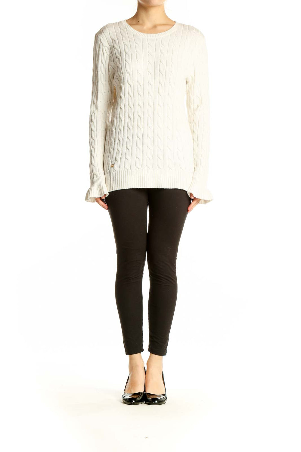 Front view of Lauren Ralph Lauren white cable knit cotton sweater with crew neck