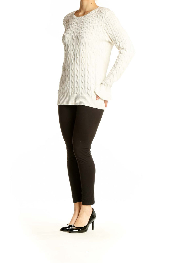 Front view of Lauren Ralph Lauren white cable knit cotton sweater with crew neck