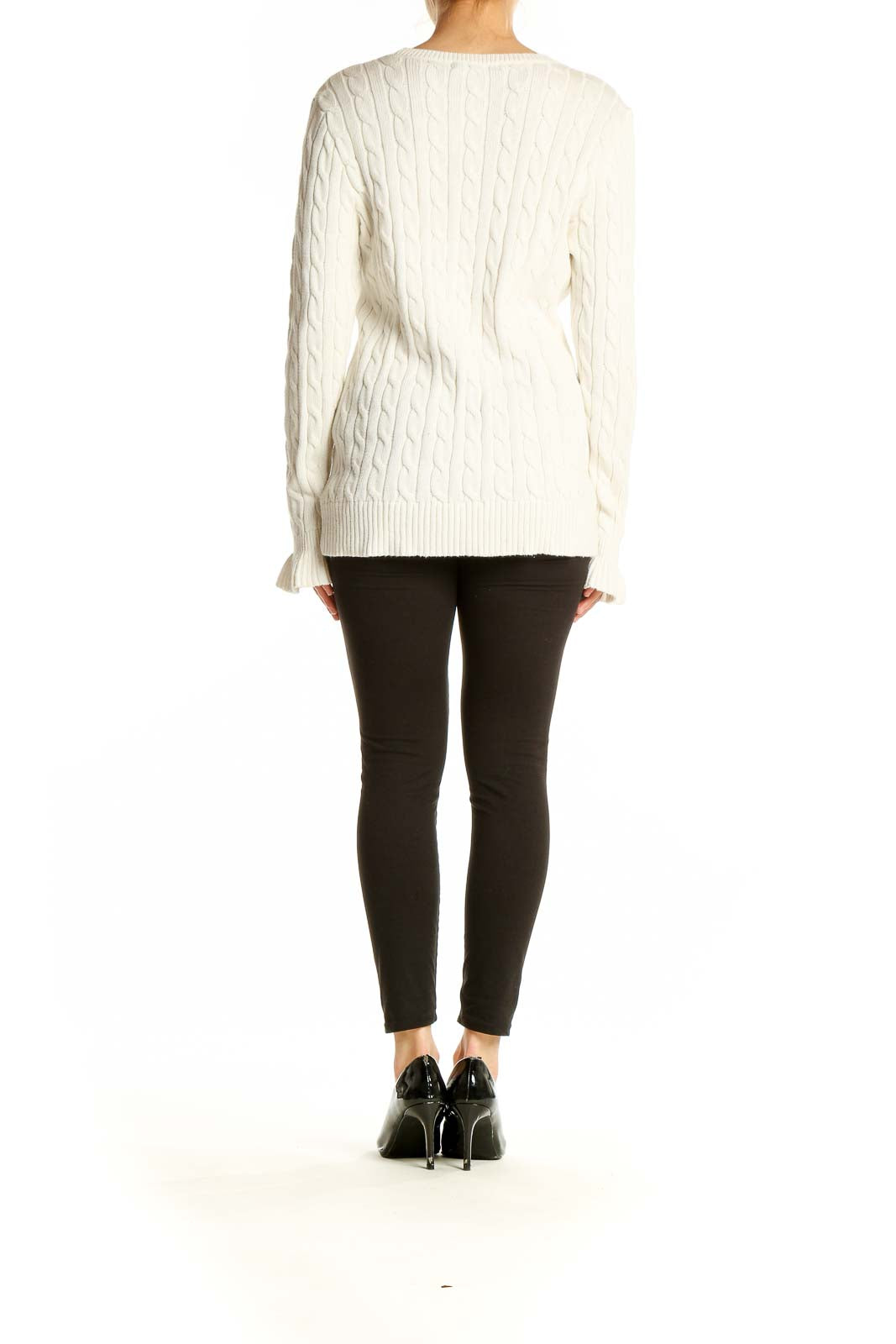 Side view of Lauren Ralph Lauren white cable knit cotton sweater on model