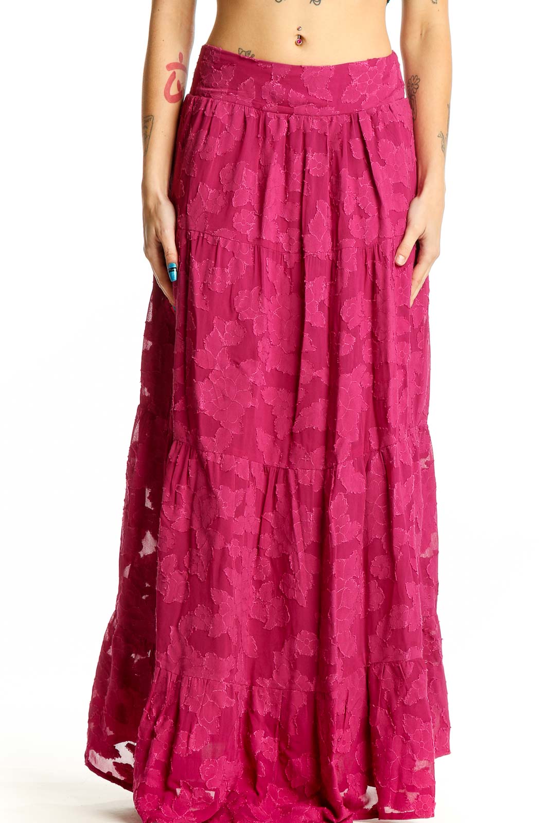 Front view of En Creme fuchsia floral lace maxi skirt with tiered design