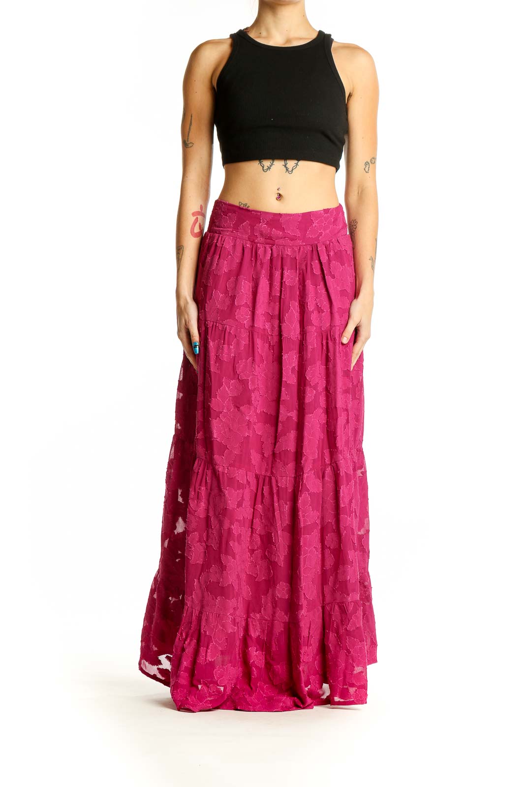 Front view of En Creme fuchsia floral lace maxi skirt with tiered design