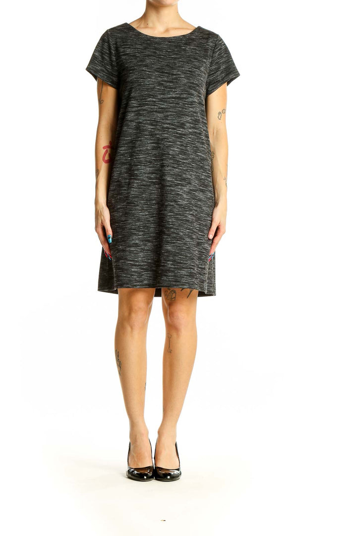 Front view of Ann Taylor LOFT charcoal heathered t-shirt dress on model