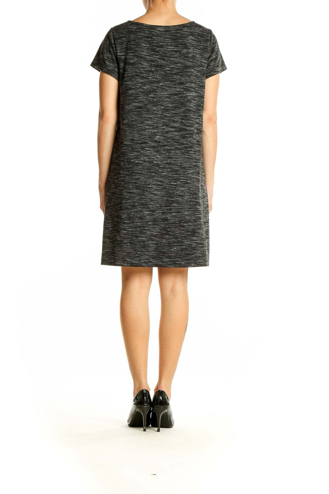 Side view of Ann Taylor LOFT charcoal heathered t-shirt dress on model