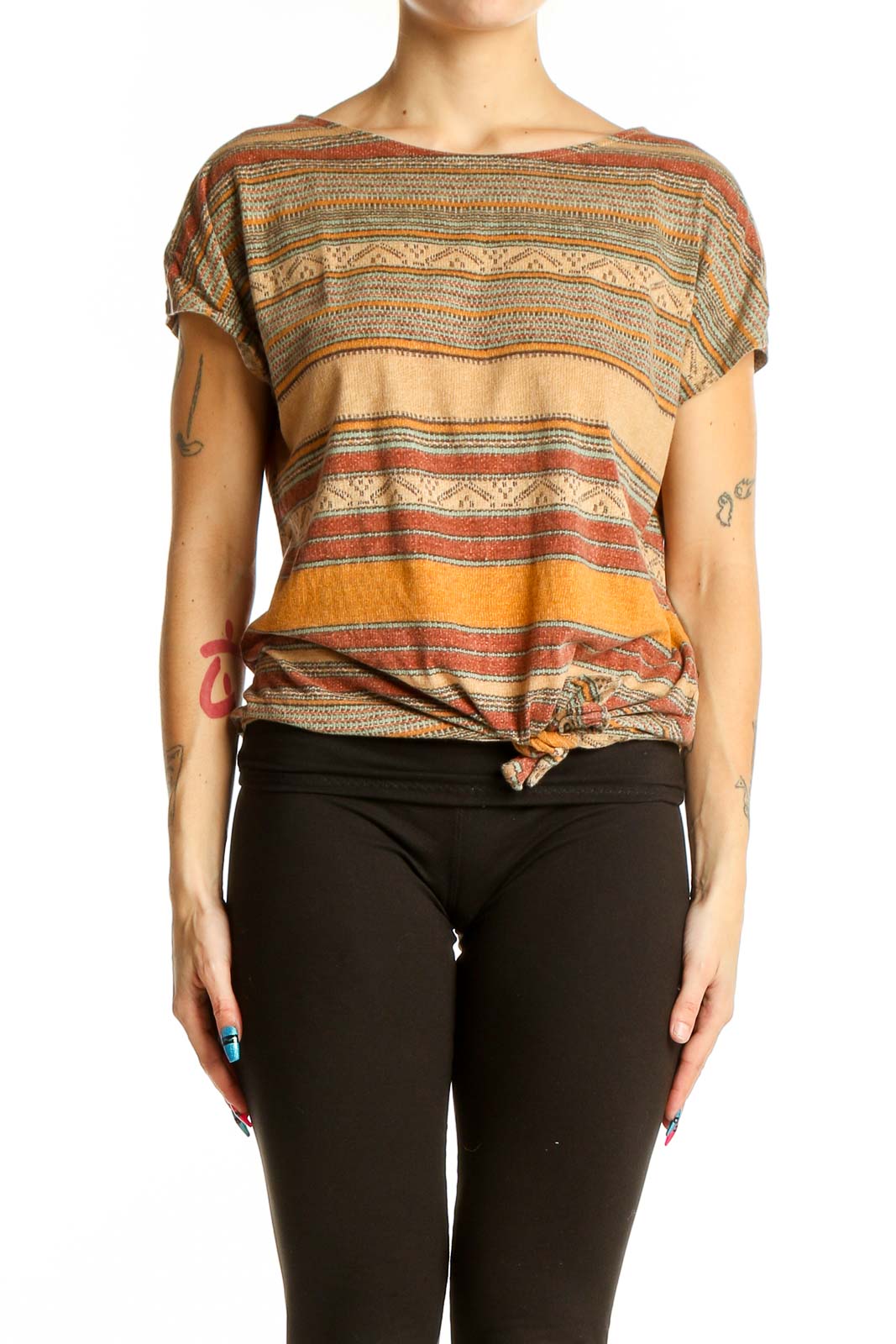 Front view of Lauren Ralph Lauren multicolor striped cotton top with boatneck and knotted hem