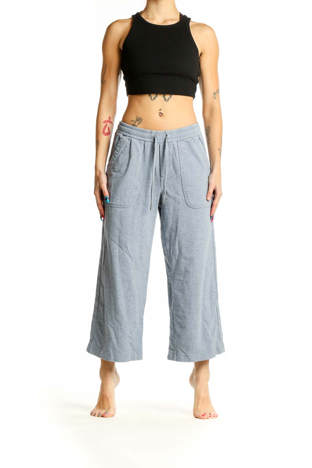 Front view of Athleta gray wide-leg cropped pants on model