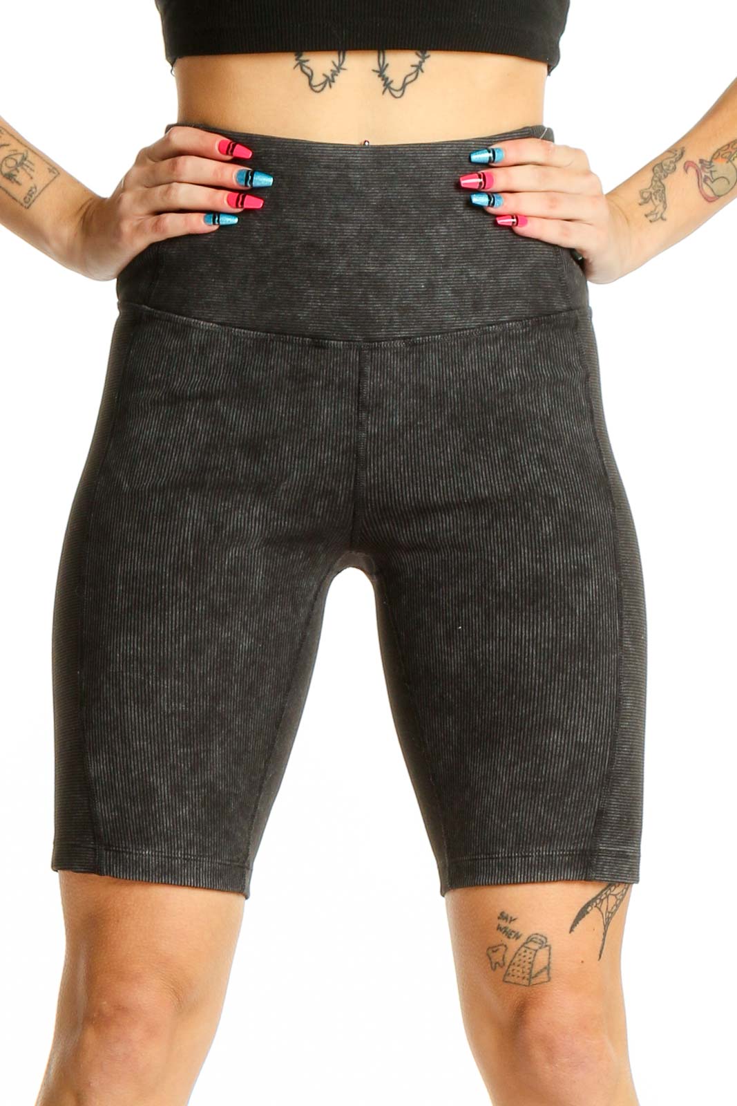 Front view of Zella charcoal ribbed high-waist biker shorts