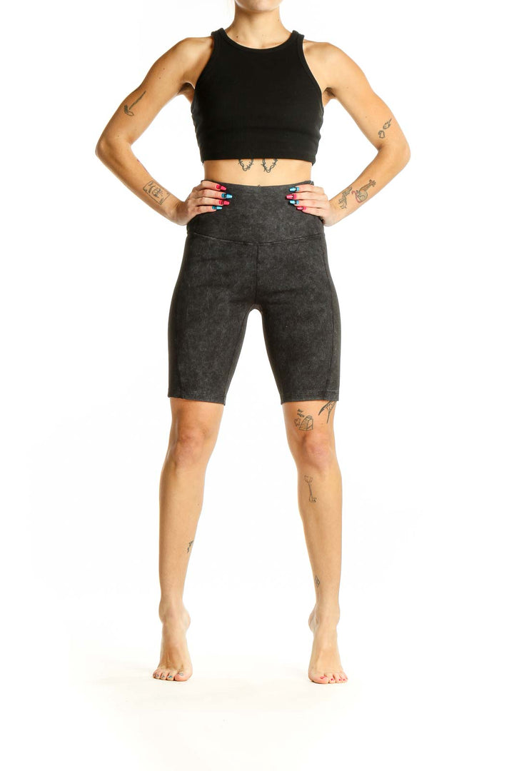 Front view of Zella charcoal ribbed high-waist biker shorts