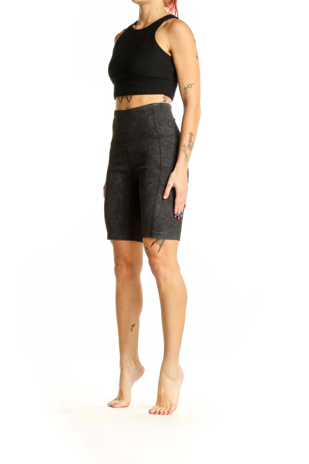 Front view of Zella charcoal ribbed high-waist biker shorts