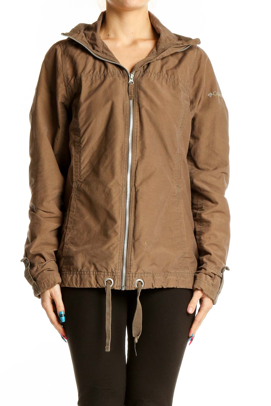 Front view of brown Columbia zip-up jacket with drawstring hem