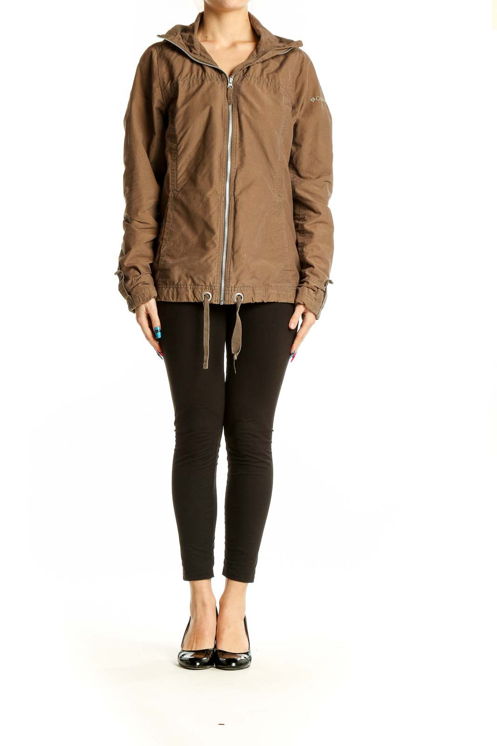 Front view of brown Columbia zip-up jacket with drawstring hem