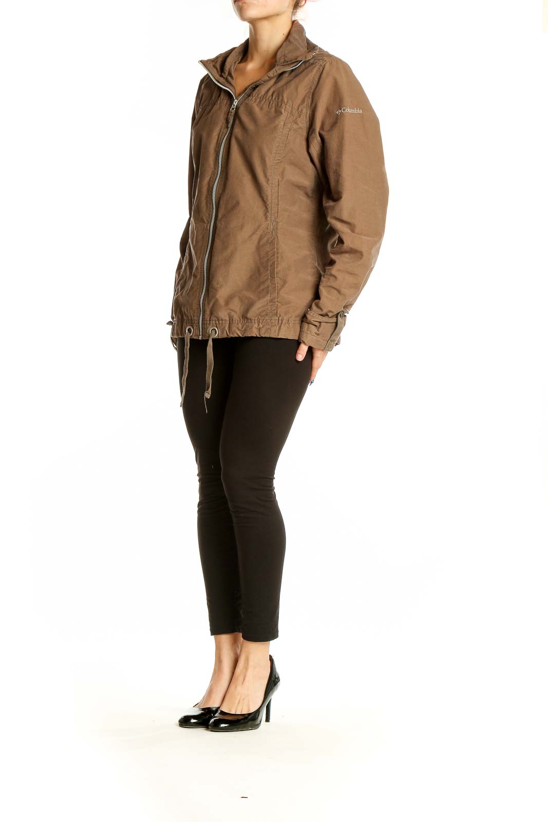 Front view of brown Columbia zip-up jacket with drawstring hem