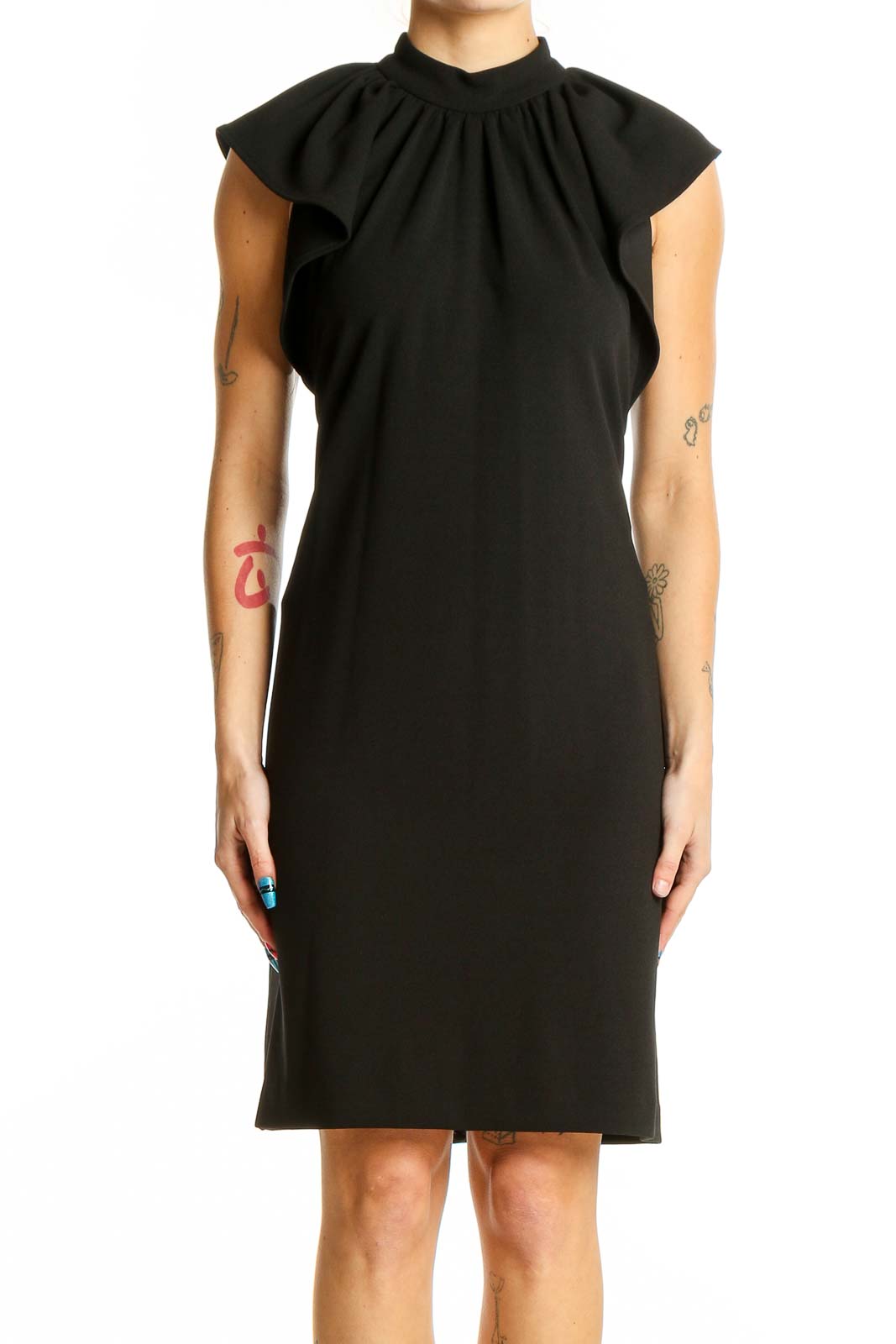 Front view of Calvin Klein black sheath dress with ruched neckline and cap sleeves