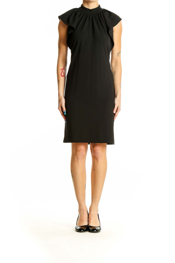 Front view of Calvin Klein black sheath dress with ruched neckline and cap sleeves