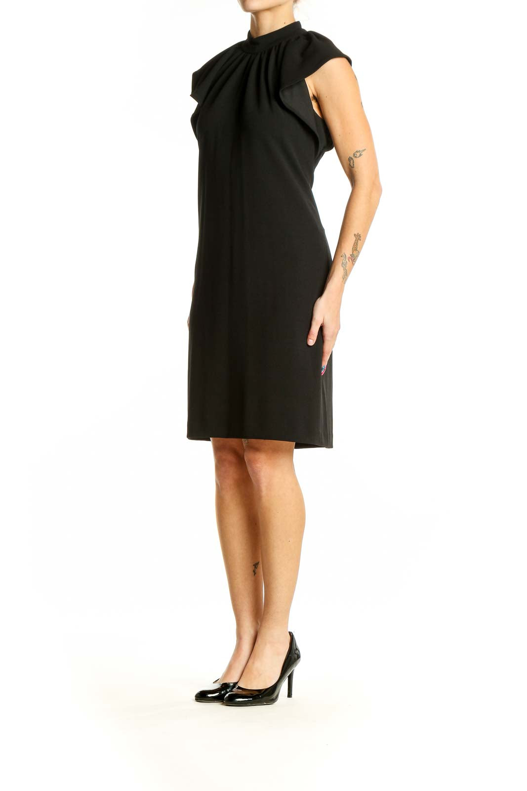 Front view of Calvin Klein black sheath dress with ruched neckline and cap sleeves