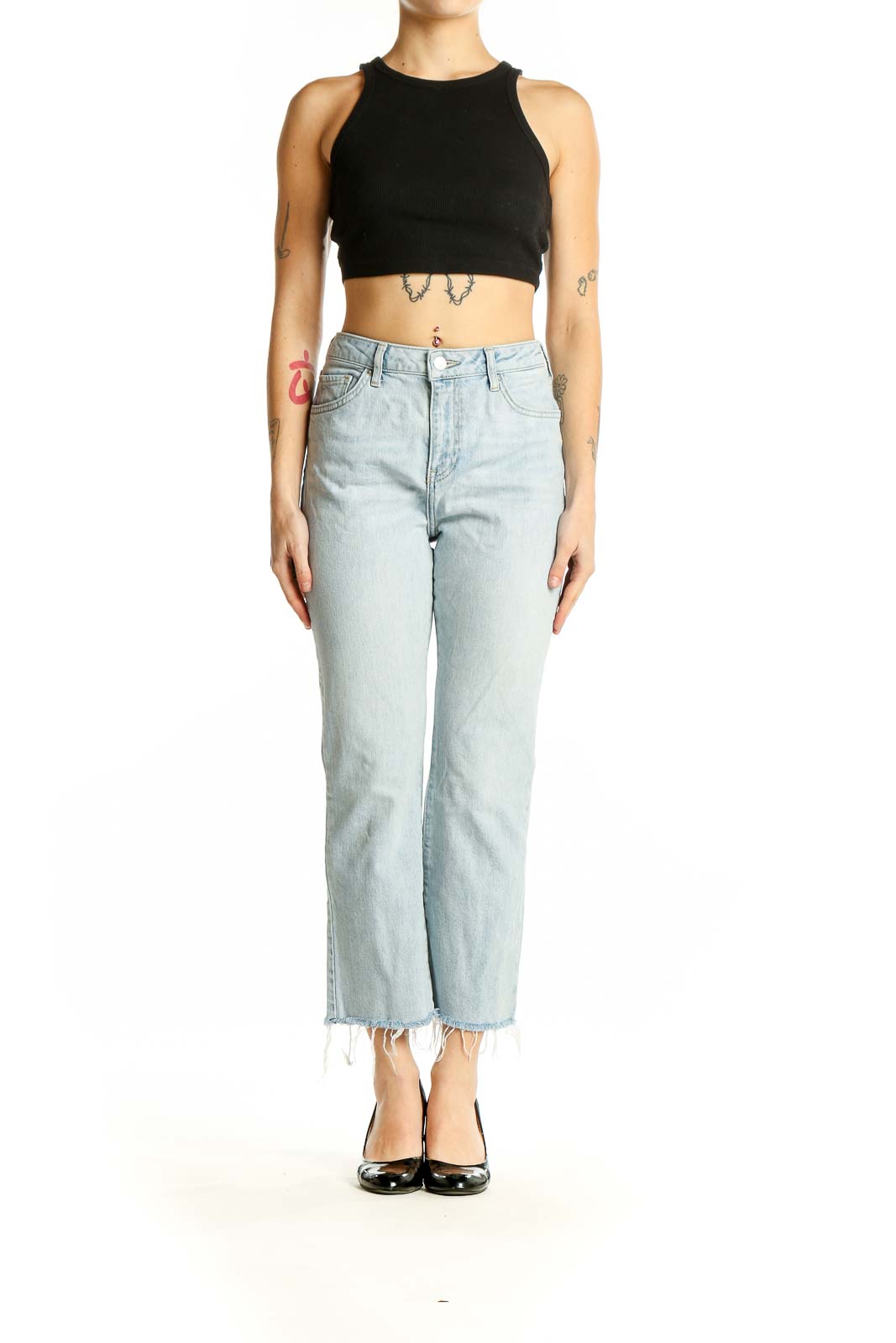 Front view of Topshop light blue cropped straight-leg jeans with frayed hem