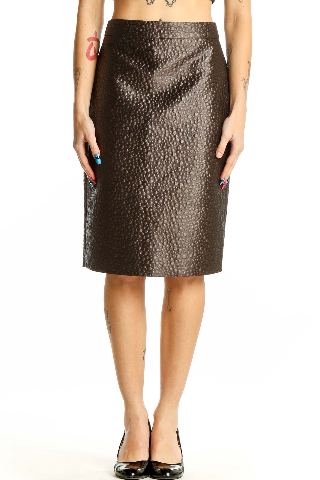 Front view of J.Crew brown textured pencil skirt