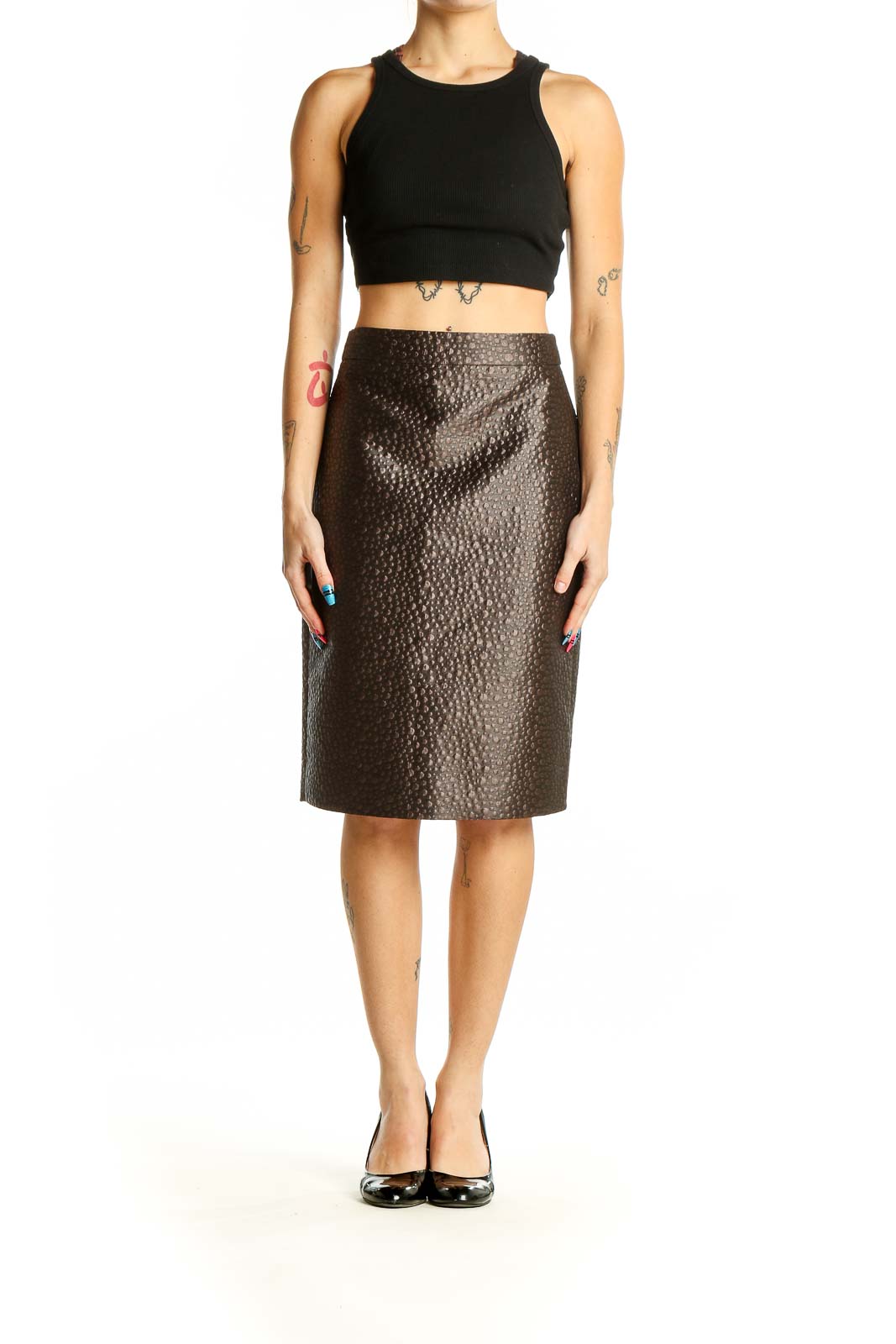 Front view of J.Crew brown textured pencil skirt