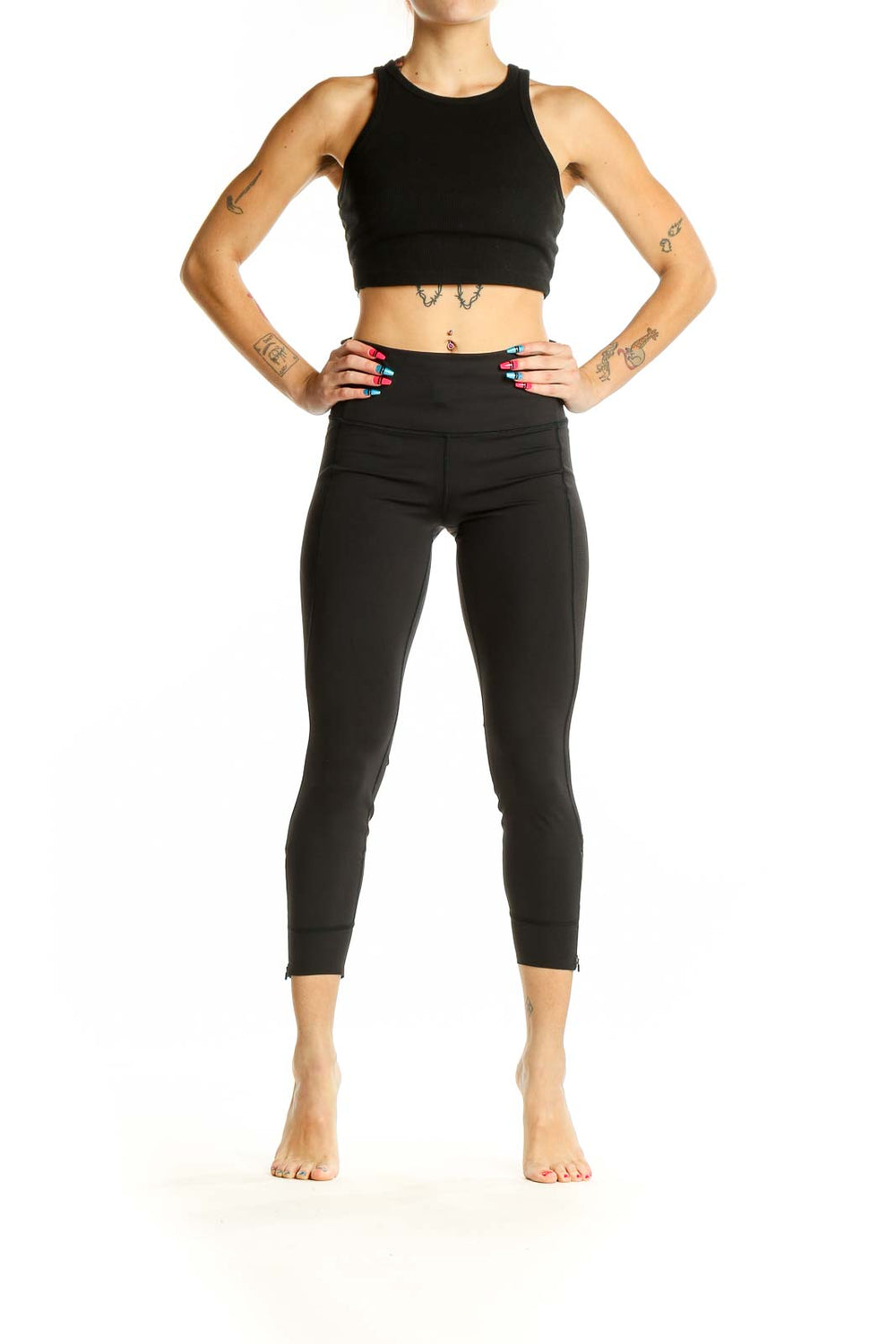 Front view of Athleta black activewear set with crop top and leggings