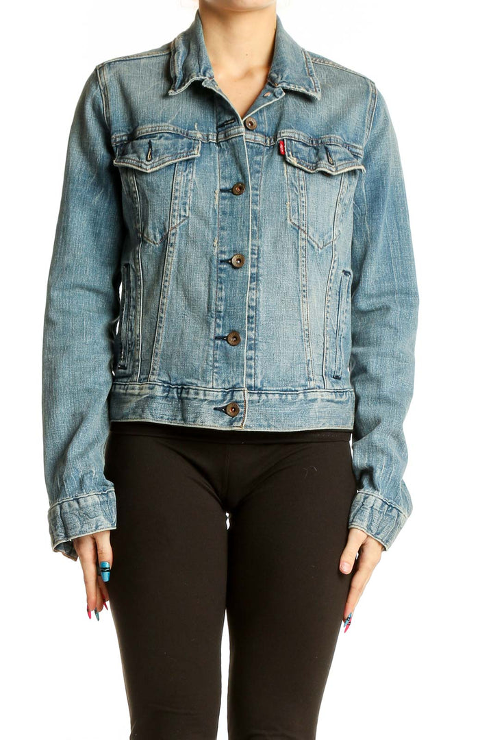 Front view of Levi's light blue denim jacket with button-up front and chest pockets