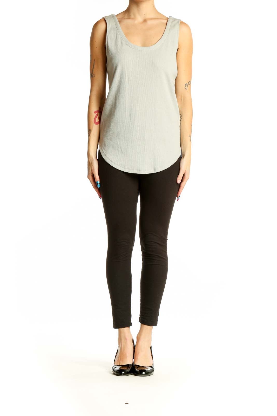 Front view of light gray sleeveless tank top by Chaser