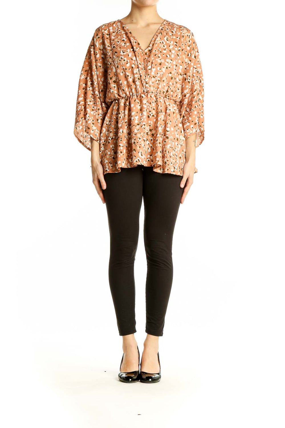 Front view of Gilli peach leopard print kimono blouse with wrap style and wide sleeves