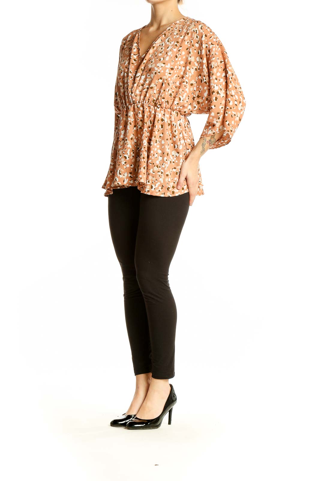 Front view of Gilli peach leopard print kimono blouse with wrap style and wide sleeves