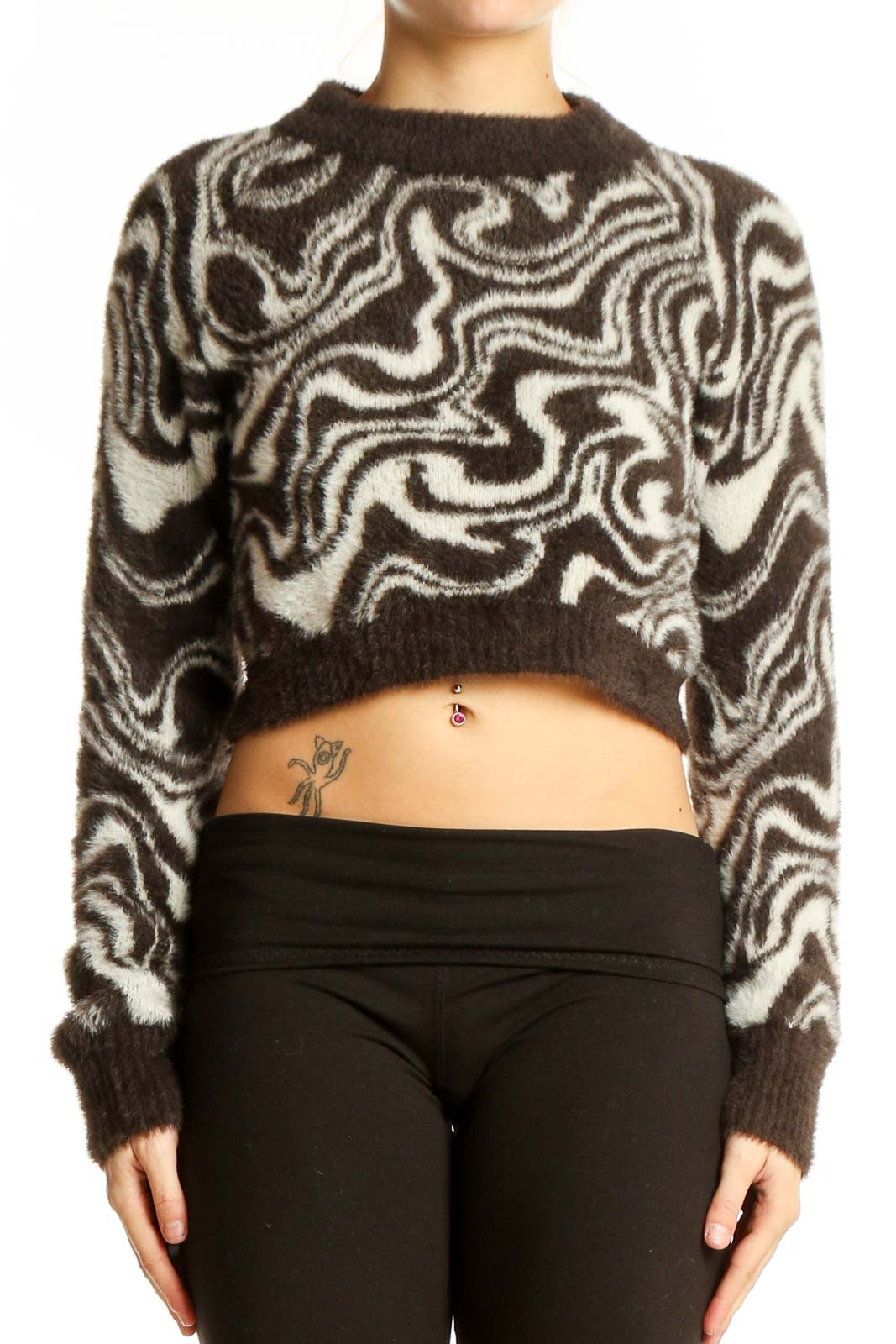 Front view of Urban Outfitters brown and white swirl pattern crop sweater