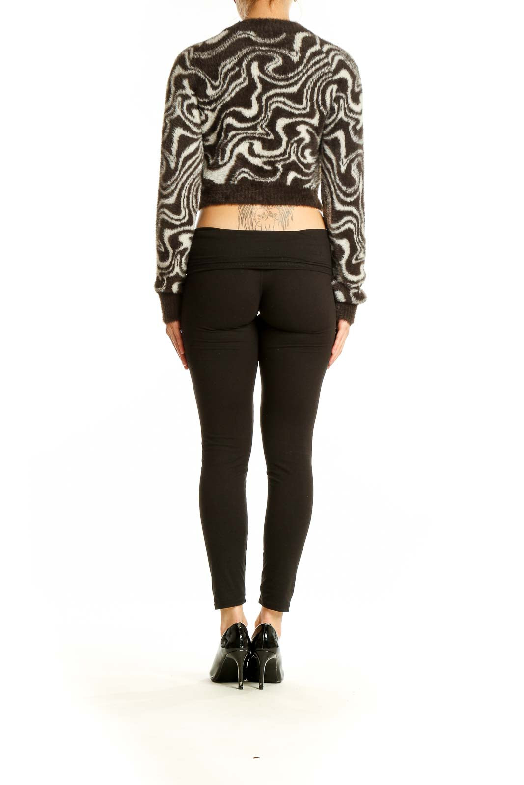 Back view of Urban Outfitters brown and white swirl pattern crop sweater