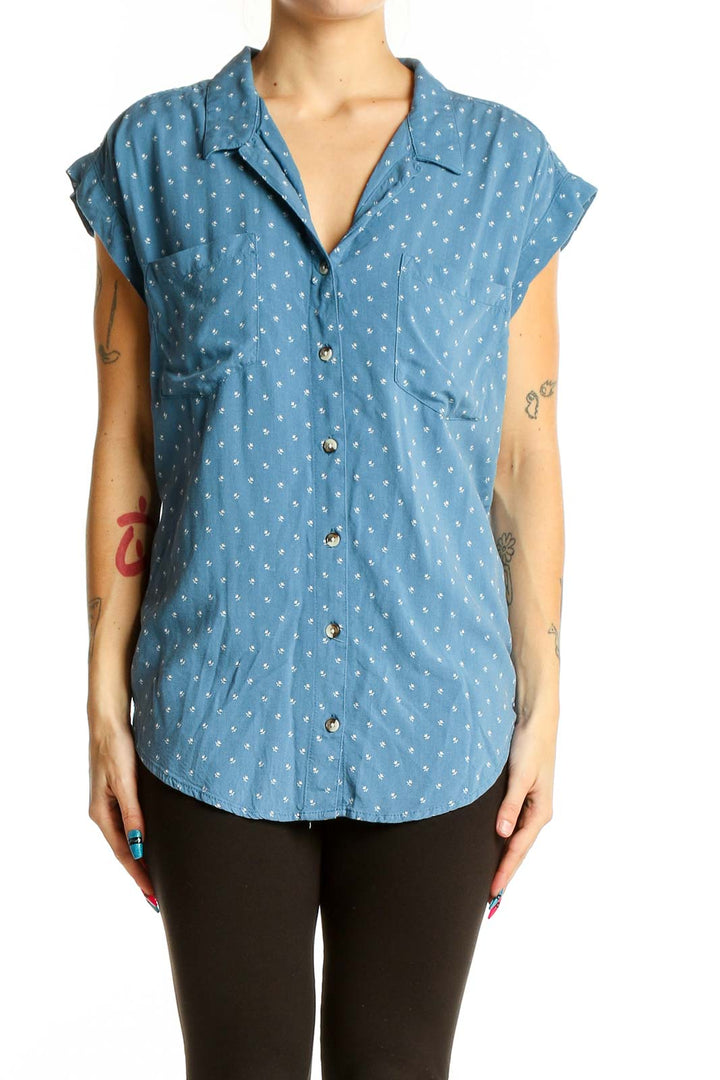 Front view of Jachs Girlfriend blue polka dot rayon button-up blouse