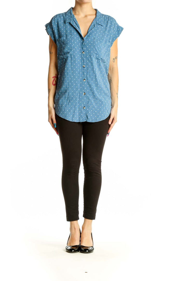 Front view of Jachs Girlfriend blue polka dot rayon button-up blouse