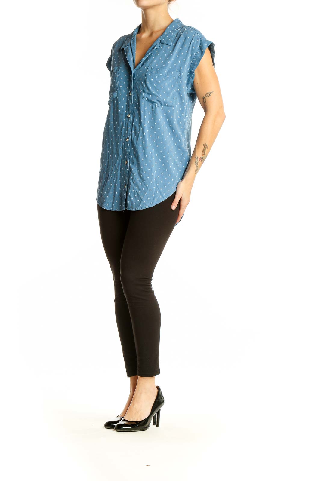 Front view of Jachs Girlfriend blue polka dot rayon button-up blouse