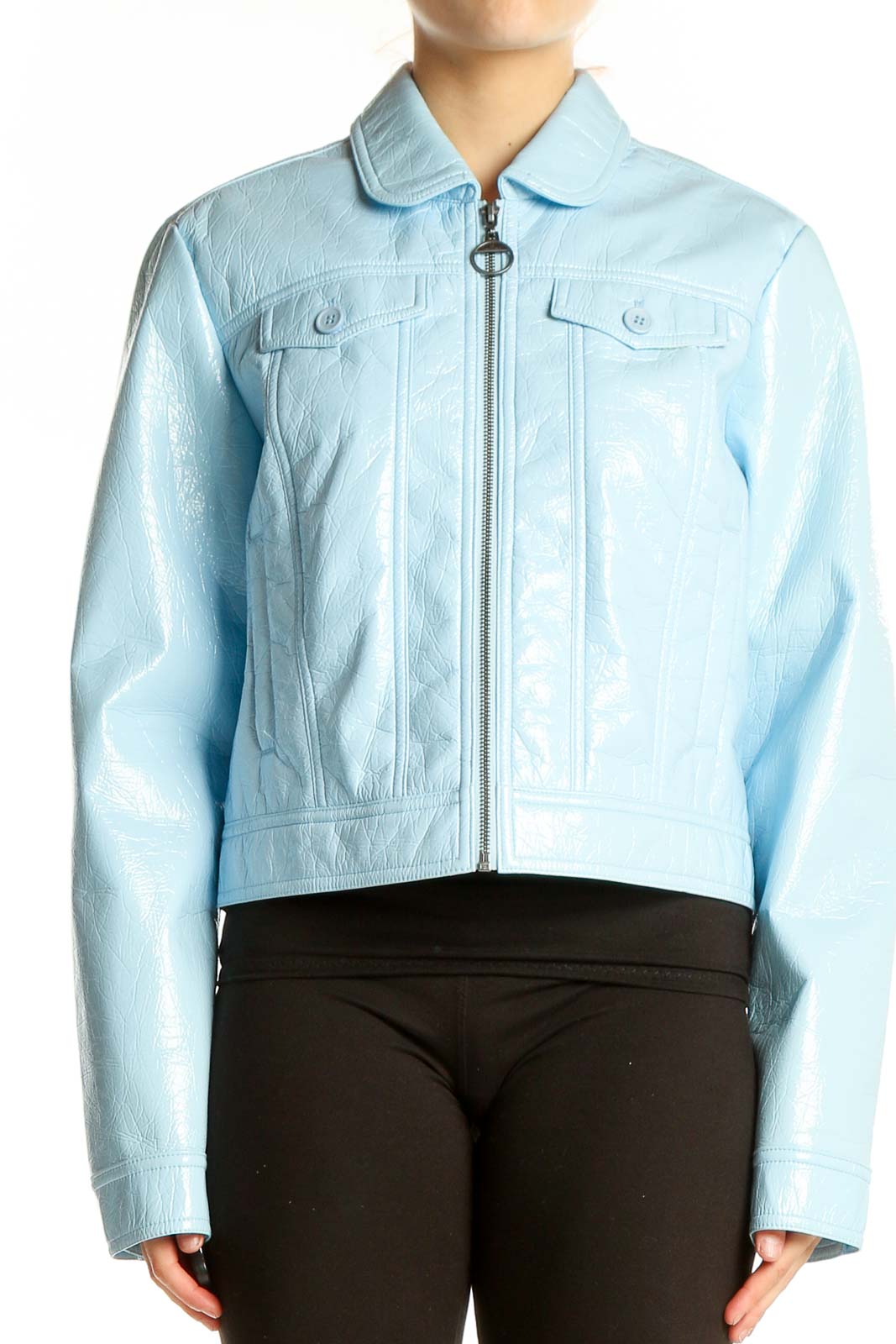 Front view of NAF NAF sky blue faux patent leather cropped jacket