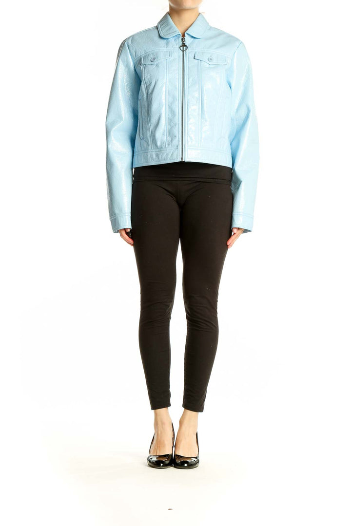 Front view of NAF NAF sky blue faux patent leather cropped jacket