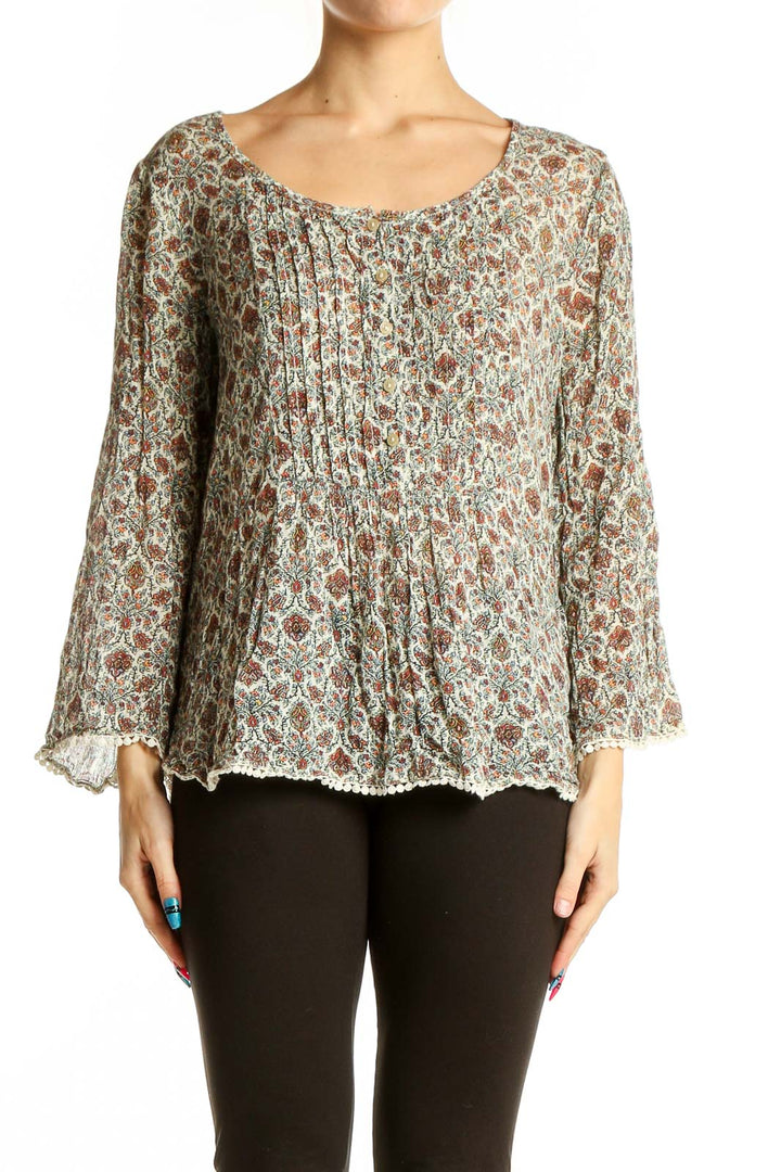 Front view of beige floral print peasant blouse by Denim Supply Ralph Lauren